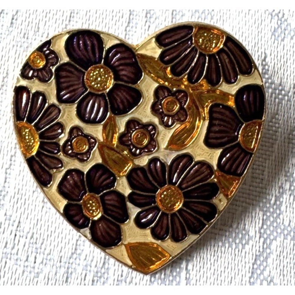 Vintage Enamel Floral Heart Brooch Purple Gold Tone Romantic Statementβ Pin